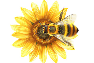 A vibrant sunflower with a detailed honeybee collecting nectar, showcasing nature's beauty and pollination process in macro photography.