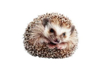 Cute hedgehog curled up in a ball against a white background. Perfect for animal and wildlife themed projects or educational materials.