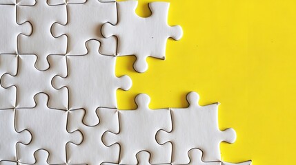 A plain white jigsaw puzzle with a few missing pieces, set against a bright yellow background that creates a stark contrast.