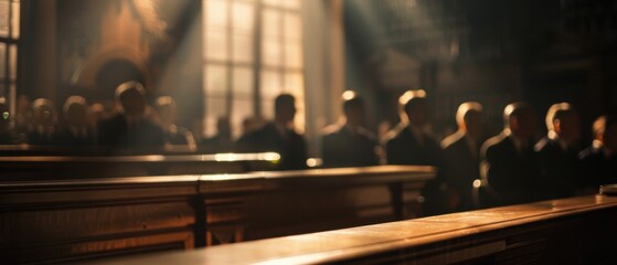 Silhouettes of people gathered in a church with sunlight streaming through the windows, creating a serene and solemn atmosphere.