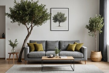 Interior of beautiful living room with grey sofa, cushions and olive tree