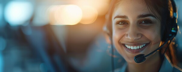 Smiling call center representative using a headset while providing customer support in a modern office setting with warm lighting.