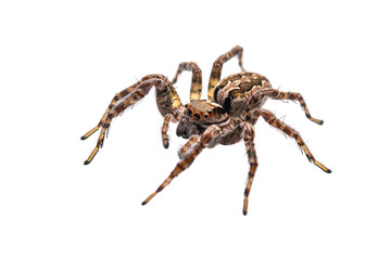 A detailed closeup of a wolf spider, showcasing its intricate markings and menacing presence.  The spider is isolated against a white background, highlighting its textured exoske