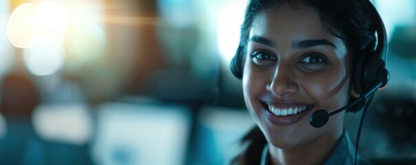Smiling customer support agent wearing a headset.