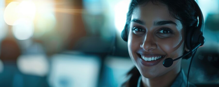 Smiling customer support agent wearing a headset.