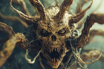 A demonic entity with twisted horns and an unsettling skeletal visage in the dark