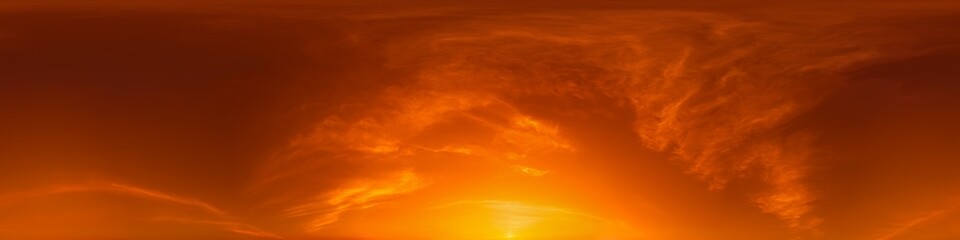 360 panorama of glowing sunset sky with bright pink Cirrus clouds. HDR 360 seamless spherical panorama. Full zenith or sky dome sky replacement for aerial drone panoramas. Climate and weather change.