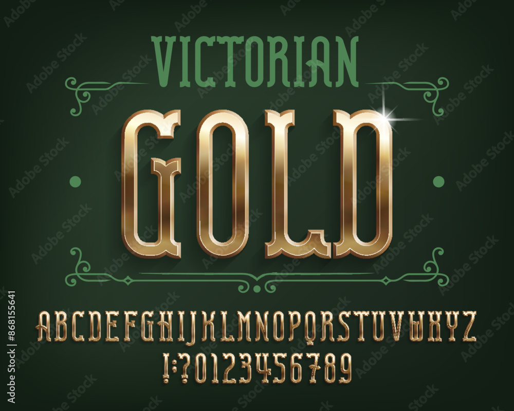 Fototapete victorian gold alphabet font. 3d golden letters and numbers. stock vector typeface for your design.