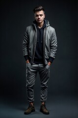 Obraz premium Man in stylish casual outfit standing against dark backdrop