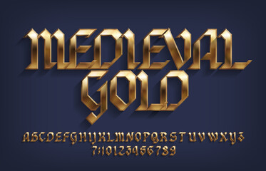 Medieval Gold alphabet font. 3d old letters and numbers. Stock vector typeface for your design.