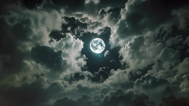 Full moon partially visible through dark passing clouds in the night sky, Eclipsed by passing clouds, shrouded in darkness