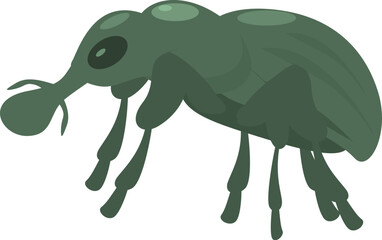 Green beetle walking with long legs, insect illustration in cartoon style