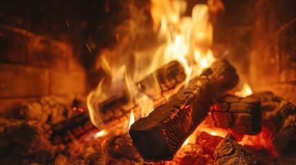 Wood burning in the fireplace. A cozy, warm atmosphere