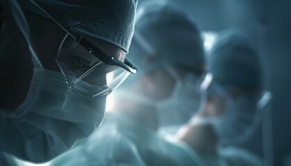 Team of surgeons focused on a procedure in a sterile operating room, showcasing precision and dedication in a high-tech medical environment.