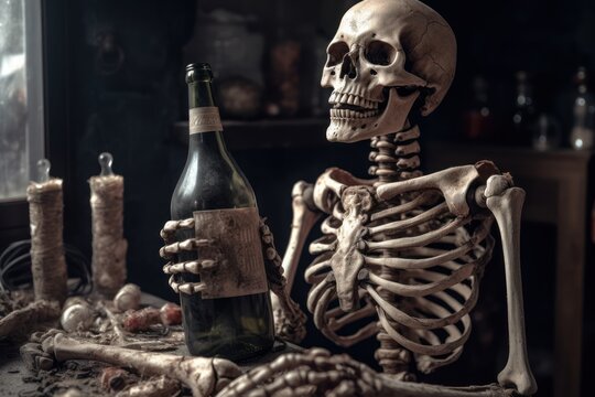 Skeleton holding a wine bottle in a dark room