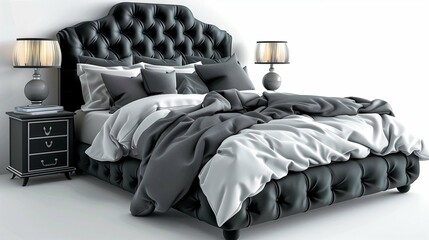 Fototapeta premium rich bed in silver or gray with pillows and blanket isolated on white