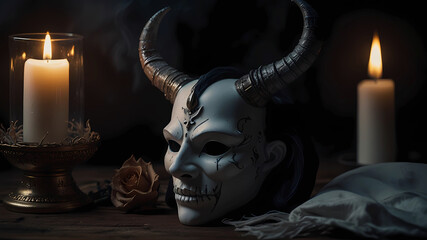 Magic composition with a white Demon mask, candles and other ritual accessories