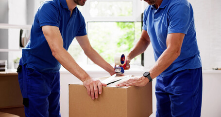 Group of Movers Pack Boxes for Delivery to Residential House