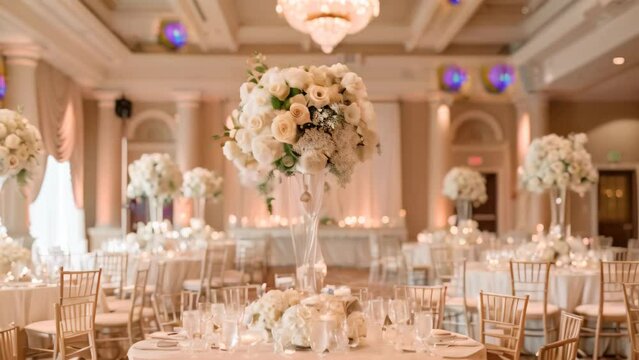 A wedding reception with white tables and chairs beautifully set up in a grand ballroom, Elegant decorations adorning a grand ballroom