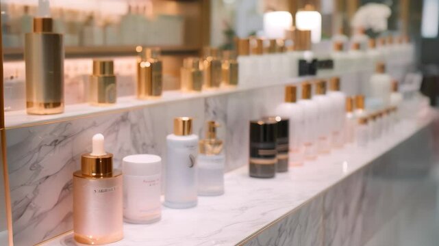Various skincare products and tools neatly arranged in a row on a luxurious marble counter, Elegant displays of skincare products and tools for sale