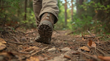 Obraz premium Tranquil Journey through the Woods - Close-up of Hiker's Feet on Forest Path