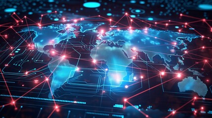 Obraz premium Abstract digital world map, concept of global network and connectivity on Earth, data transfer and cyber technology, information exchange and international telecommunication