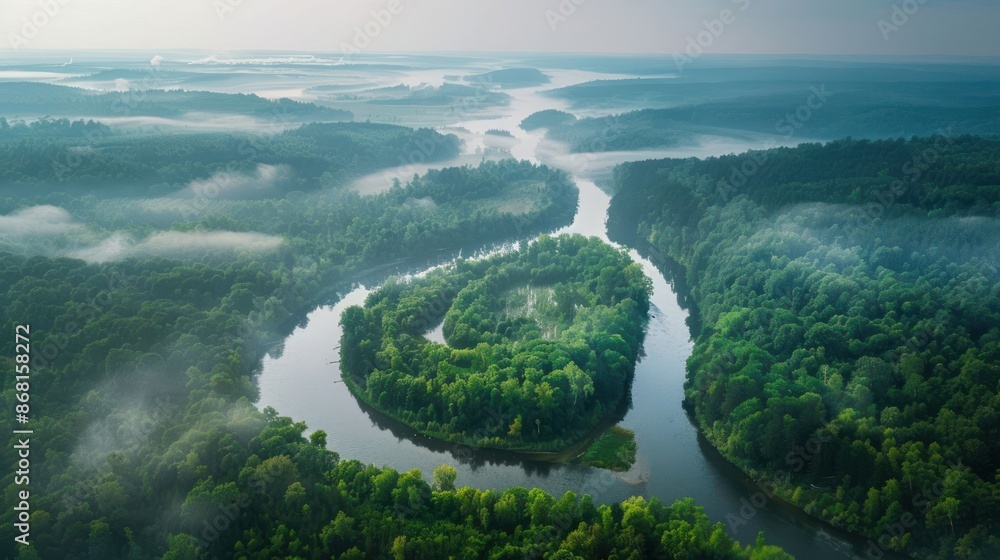 Poster a river with a bend in it and trees on both sides