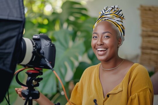 Smiling young African female influencer doing a vlog post at home