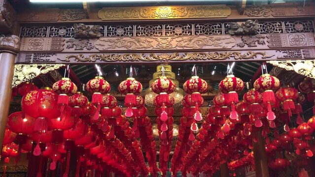 Red Chinese lantern,decoration hanging celebrate for chinese new year has written to wealth,good health,and happiness at"Wat Mangkorn Kammalawas (Leng Nuei Yee)" in Yaowarat.