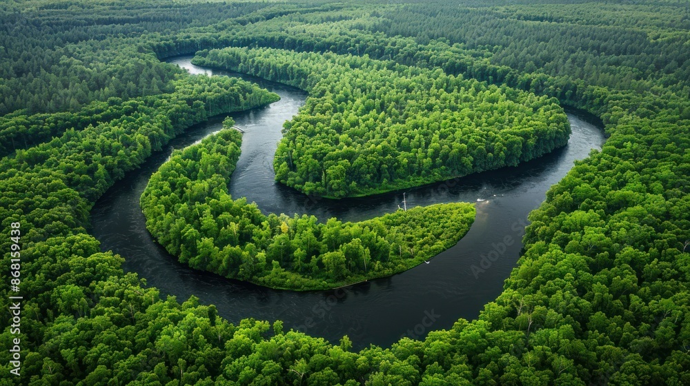 Poster a river with a bend in it and trees on both sides