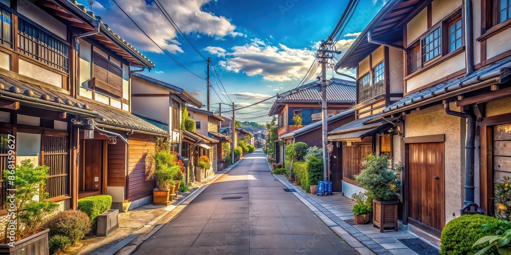 Canvas Prints Cozy street in Japan with a lofi aesthetic under a clear blue sky, Japanese, street, cozy, lofi, blue sky