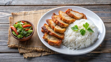 Fried pork with rice dish served on a white plate , delicious, Asian cuisine, homemade, comfort food, meal, lunch