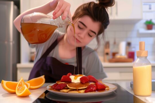 A girl drizzling mapple syrup over some freshly cooked pancakes