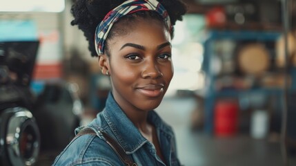 Naklejka premium A young Black woman mechanic in a garage