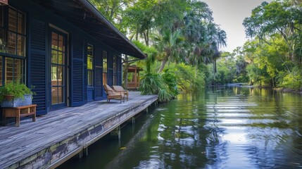 riverside lodge with dark blue Bahama shutters, perfect for a peaceful water-side retreat