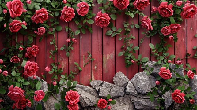 Rose bush with stone wall background and climbing roses on red fence with text space