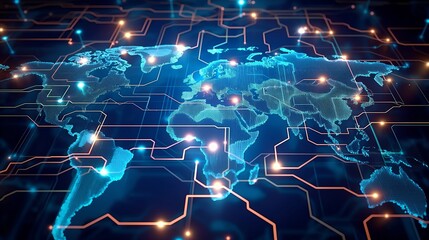 Fototapeta premium Abstract digital world map, concept of global network and connectivity on Earth, data transfer and cyber technology, information exchange and international telecommunication
