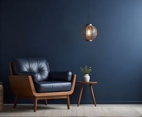 Luxury sofa with lamp in living room interior design on dark blue painted wall background with copy space. Generative AI