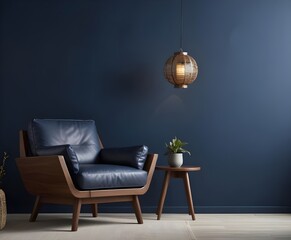 Luxury sofa with lamp in living room interior design on dark blue painted wall background with copy space. Generative AI