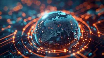 Abstract digital world map, concept of global network and connectivity on Earth, data transfer and cyber technology, information exchange and international telecommunication