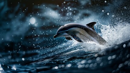 Fototapeta premium A dolphin leaping out of the ocean at night, creating a splash with a beautiful full moon and starry sky backdrop.