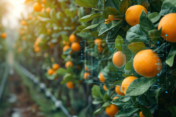 Orange orchard with virtual screens displaying data. Concept of smart farming, digital agriculture. Background of orange grove.