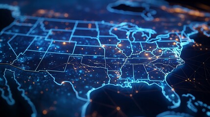 Obraz premium Abstract digital world map, concept of global network and connectivity on Earth, data transfer and cyber technology, information exchange and international telecommunication