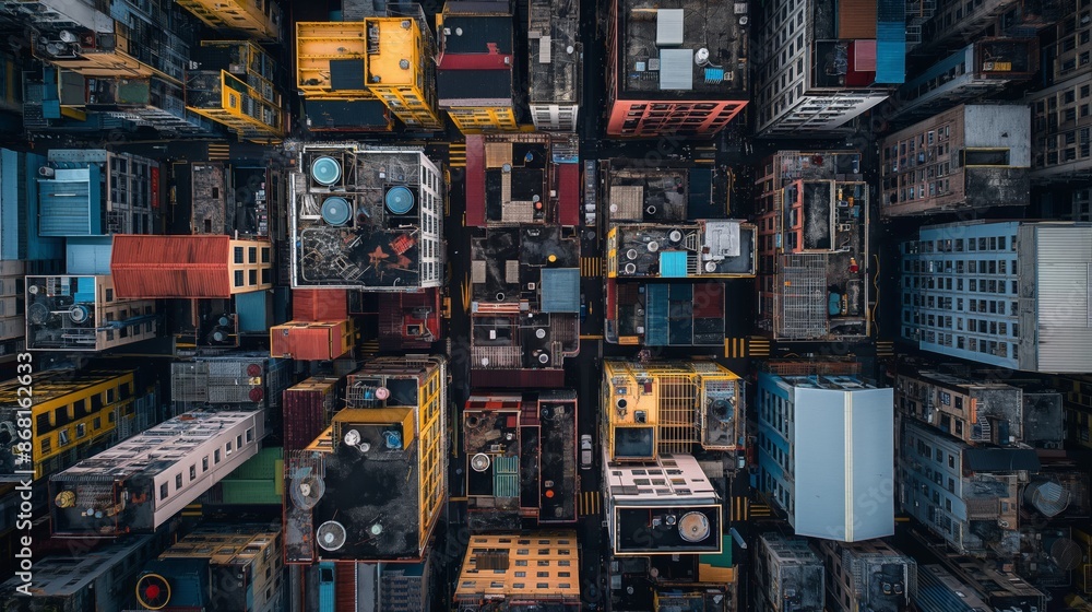 Poster aerial view of a cityscape filled with colorful buildings, creating a geometric pattern of urban arc