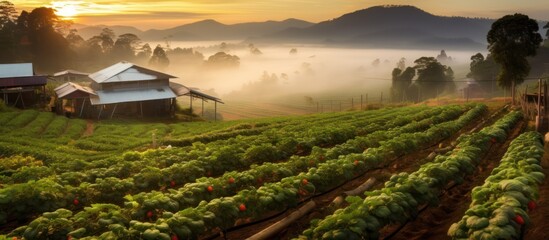 Sunrise Over a Misty Strawberry Farm in the Mountains