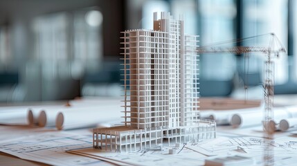 Architectural blueprint of a modern skyscraper model at a busy construction site, showcasing detailed structural design, urban planning, and innovative building concepts. 
