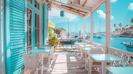 seaside caf?(C) with pastel blue Bahama shutters, offering a view of the bustling harbor