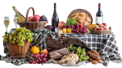 Bottle of wine and picnic food on transparent background