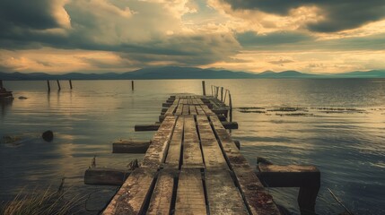 Rustic wooden pier extending into tranquil lake during a dramatic cloudy sunset, creating a serene and picturesque view of nature.