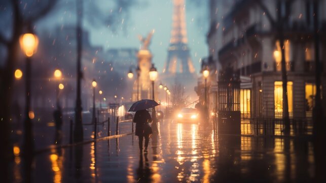 Romantic evening in Paris with a rainy street scene, blurred lights, and the Eiffel Tower in the background. Atmospheric and moody setting.